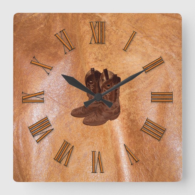 Designer Faux Tanned Leather & Cowboy Boots Square Wall Clock (Front)