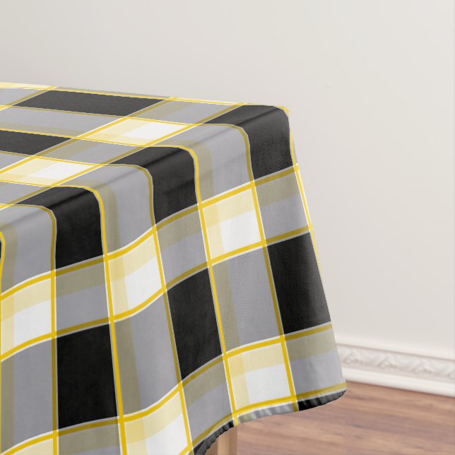 Designer gingham pattern black and yellow tablecloth (In Situ)