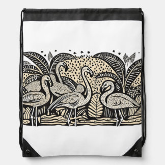 Designer Holiday Tote Bag, Flamingos & Palm Trees Drawstring Bag