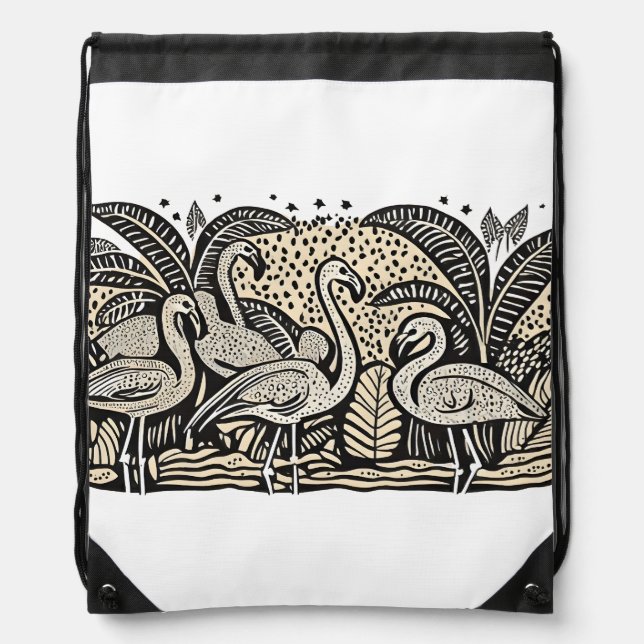 Designer Holiday Tote Bag, Flamingos & Palm Trees Drawstring Bag (Front)