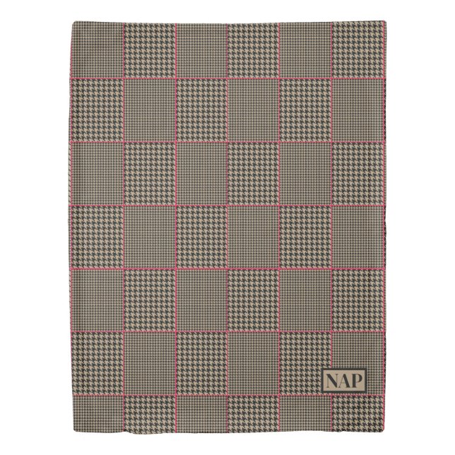 Designer Houndstooth Black Taupe Hot Pink Check Duvet Cover (Front)