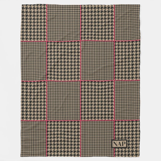 Designer Houndstooth Black Taupe Hot Pink Check Fleece Blanket (Front)
