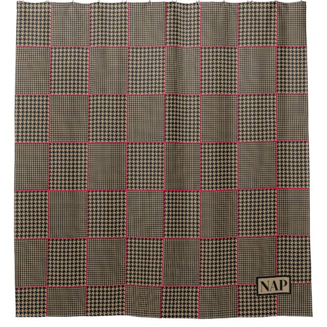 Designer Houndstooth Black Taupe Hot Pink Check Shower Curtain (Front)