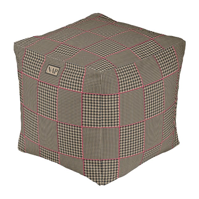 Designer Houndstooth Black Taupe Hot Pink Stripe Pouf (Angled Front)