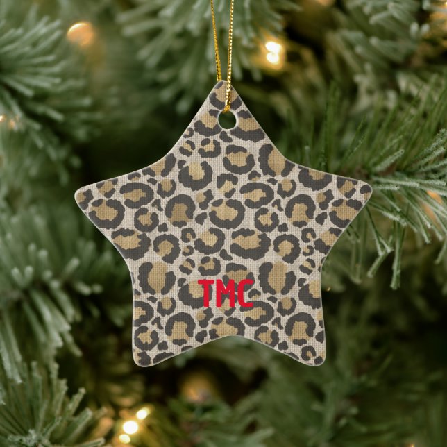 Designer Leopard Print Red Initials Christmas Chic Ceramic Ornament (Tree)