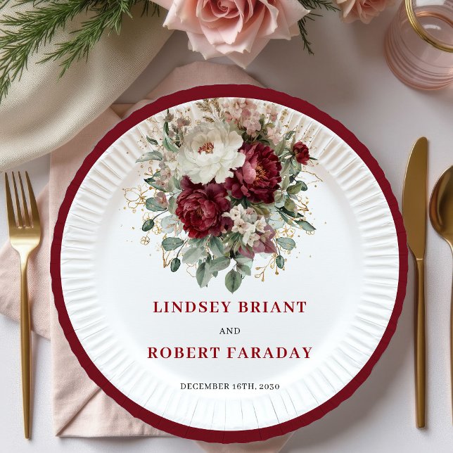 Designer Marsala Floral Eucalyptus Gold Plates (Designer Marsala Floral Eucalyptus Gold Plates)