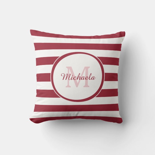 Designer Monogram With Fat Stripes and Name in Red Throw Pillow (Front)