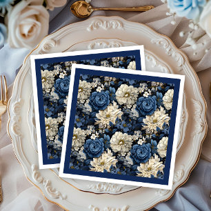 Designer Navy Blue Ivory Floral Chic Paper Napkins