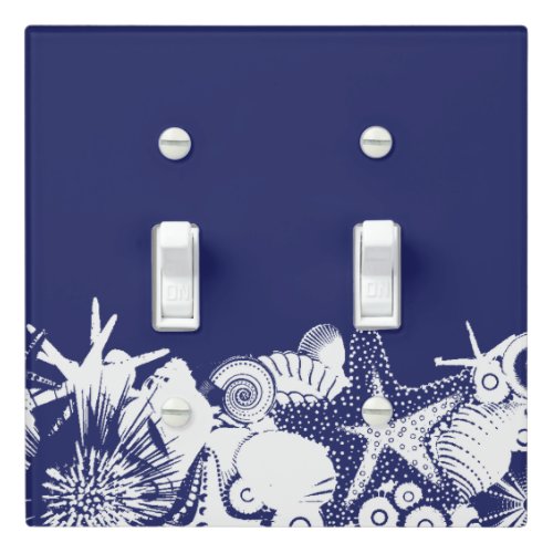 Designer Navy Blue  White Artsy Seashells Beach Light Switch Cover