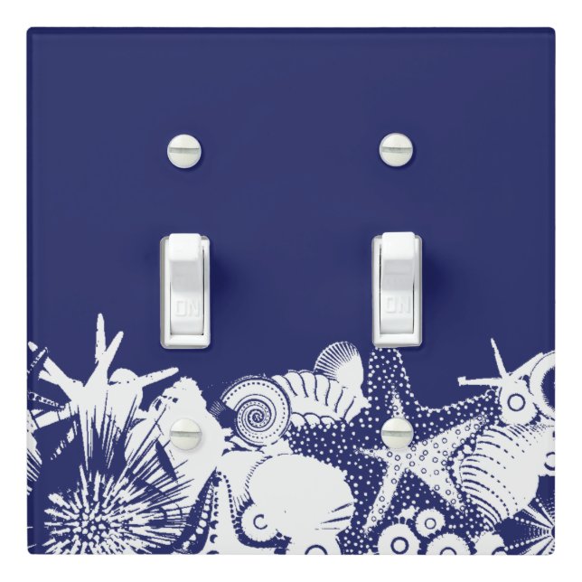 Designer Navy Blue & White Artsy Seashells Beach Light Switch Cover (In Situ)