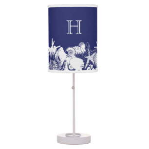 Designer Navy Blue & White Artsy Seashells Custom Table Lamp