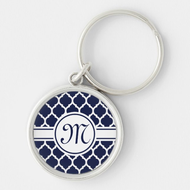 Designer Navy Monogrammed Moroccan Lattice Pattern Keychain (Front)