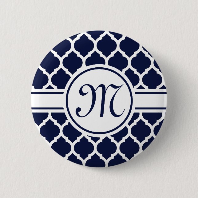 Designer Navy Monogrammed Moroccan Lattice Pattern Pinback Button (Front)
