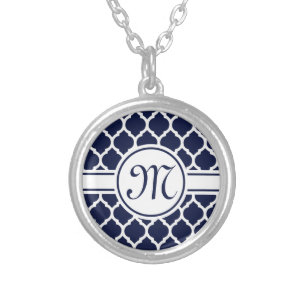 Designer Navy Monogrammed Moroccan Lattice Pattern Silver Plated Necklace