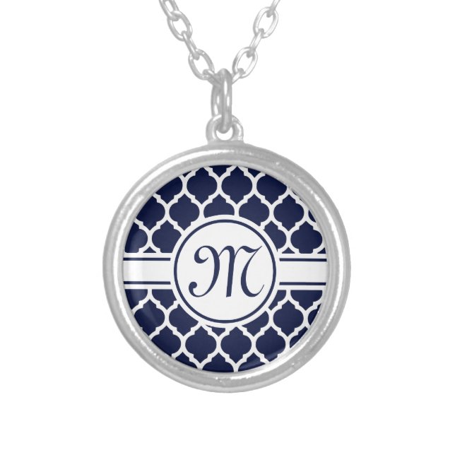 Designer Navy Monogrammed Moroccan Lattice Pattern Silver Plated Necklace (Front)