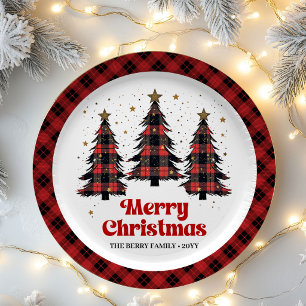 Designer Plaid Christmas Tree Custom Name Paper Plates