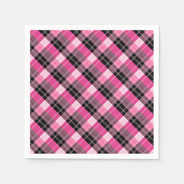 Designer plaid /tartan pattern pink and Black Napkins (Front)