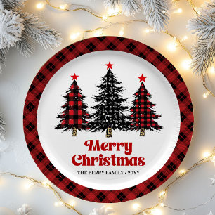 Designer Plaid Tree Holiday Custom Name Paper Plates