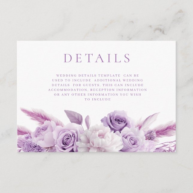 Designer Purple Lavender Floral Wedding Details Enclosure Card (Front)