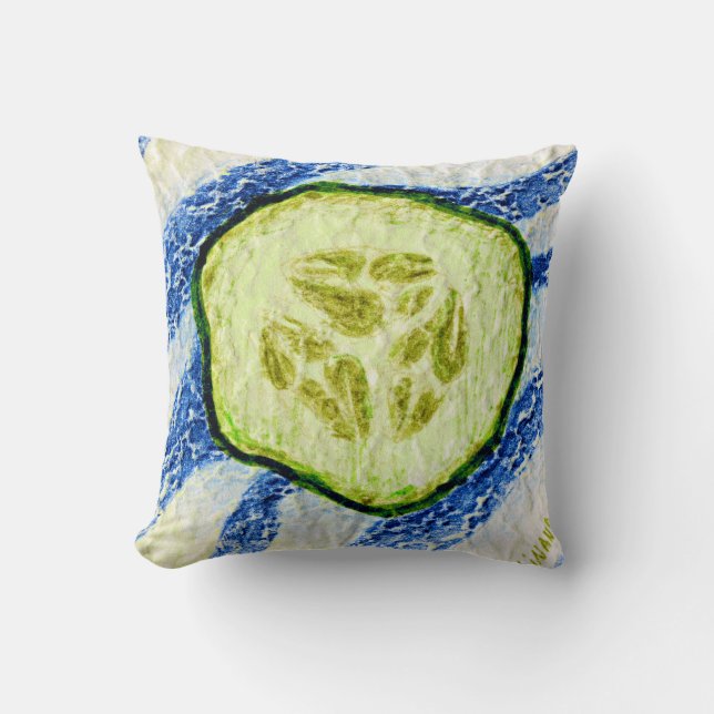 Designer Slice of Cucumber on Blue Throw Pillow (Front)