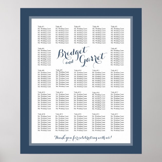 Designer Text Navy Blue Wedding Seating Chart Poster