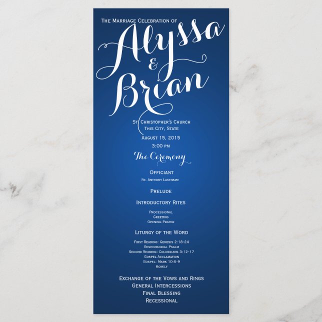 Designer Text Sapphire Blue Wedding Program (Front)