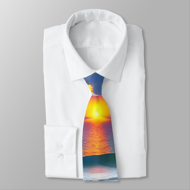 Designer Tie, Sunrise Ocean Waves Neck Tie (Tied)