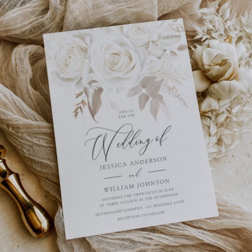 Designer Vintage Ivory White Roses Wedding Invitation