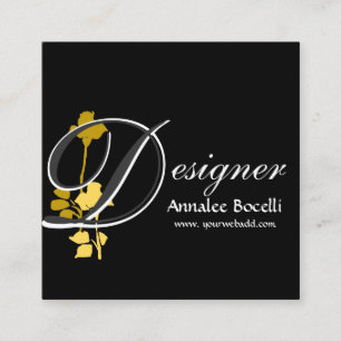 Designer Yellow Rose Floral on Black Monogram Square Business Card