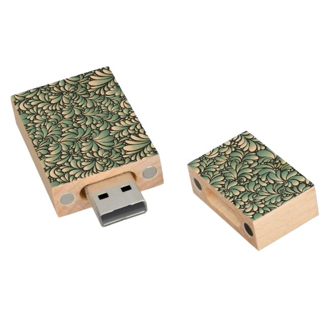 Desirable Fleur Pattern in Minty Green Wood Flash Drive (Angled)