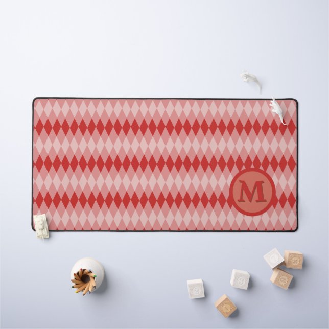 Desk mat - Argyle Pattern in Red with Monogram (Kids Table)