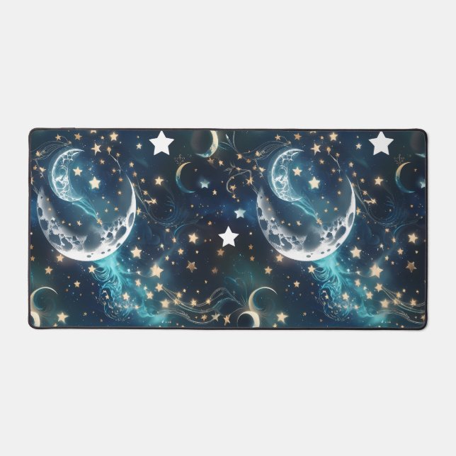Desk Mat – Luxury Icy Blue Celestial Moon Phases (Front)