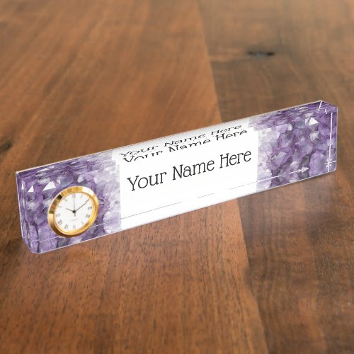 Desk Name Plate w Clock Option Amethyst Crystals