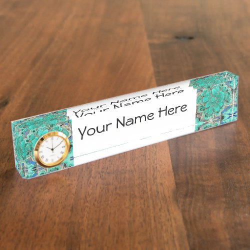 Desk Name Plate w Clock Option Azurite Malachite