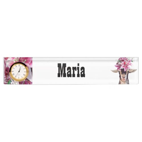 Desk Name Plate w Clock Option Lilly the Goat