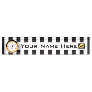 Desk Nameplate with Clock/Black and White Stripes