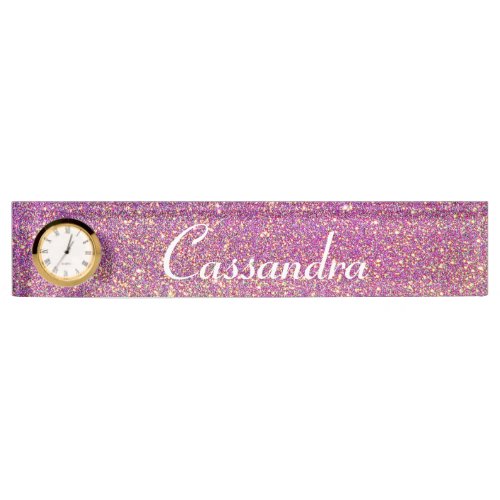 Desk Nameplate with ClockPink Glitter