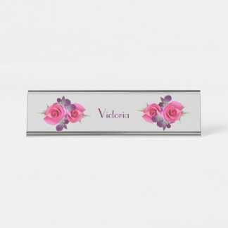 Desk or Hanging Name Plate Pink Roses Orchids