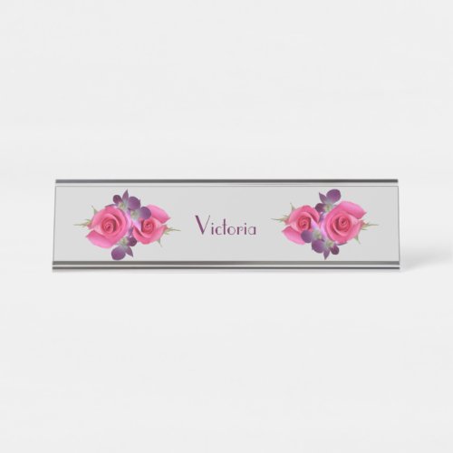 Desk or Hanging Name Plate Pink Roses Orchids