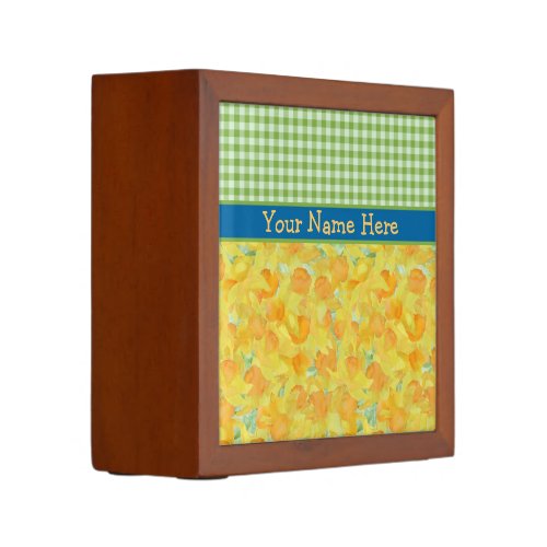 Desk Tidy to Personalize Daffodils Check Gingham Desk Organizer