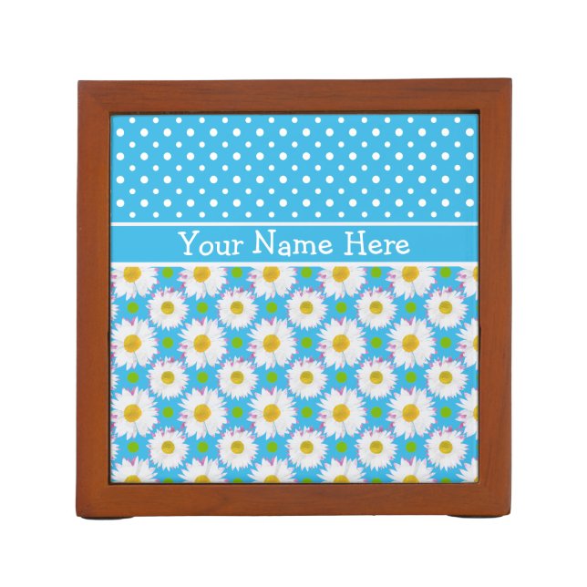 Desk Tidy to Personalize: Polkas, Daisies on Blue Desk Organizer (Back)