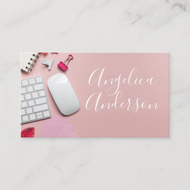 Desktop | Pink Leather Embossed Lettering Business Card (Front)