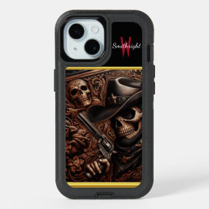 Desperado Death: Gun-Wielding Skull in Cowboy Hat iPhone 15 Case