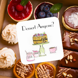 Dessert Anyone? Watercolor Charlotte Cake Coffee Square Sticker