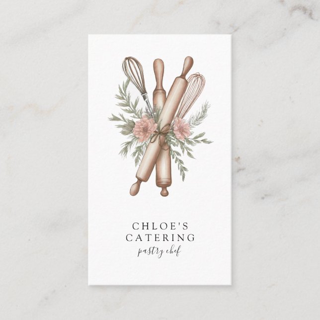 Dessert Caterer Pastry Chef Floral Utensils Business Card (Front)