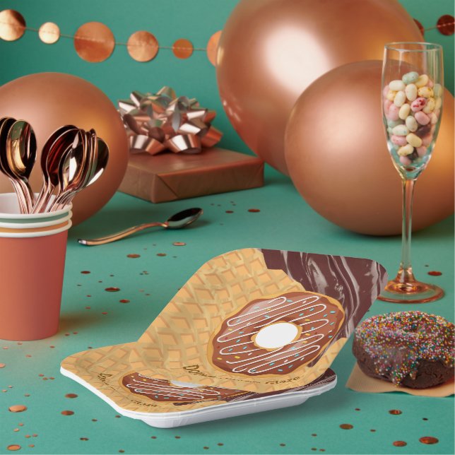 Dessert,Donut Choco Glaze, Chocolate Melted  Paper Plates (Multi)