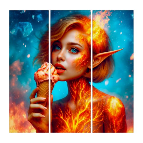 Dessert elf  fire  ice cream girl colorful  bright triptych
