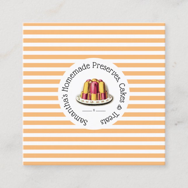 Dessert jelly on orange white stripes chic pudding square business card (Front)