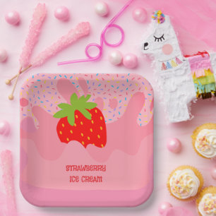 Dessert, Strawberry Ice Cream, Rainbow Sprinkle Paper Plates