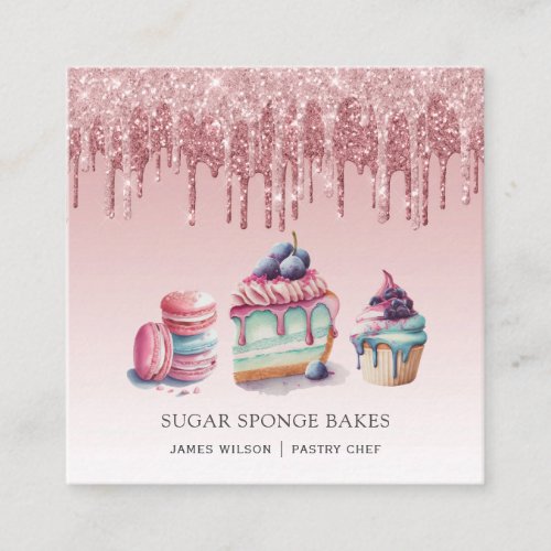 Desserts Pastry Chef Baker Rose Gold Glitter  Square Business Card
